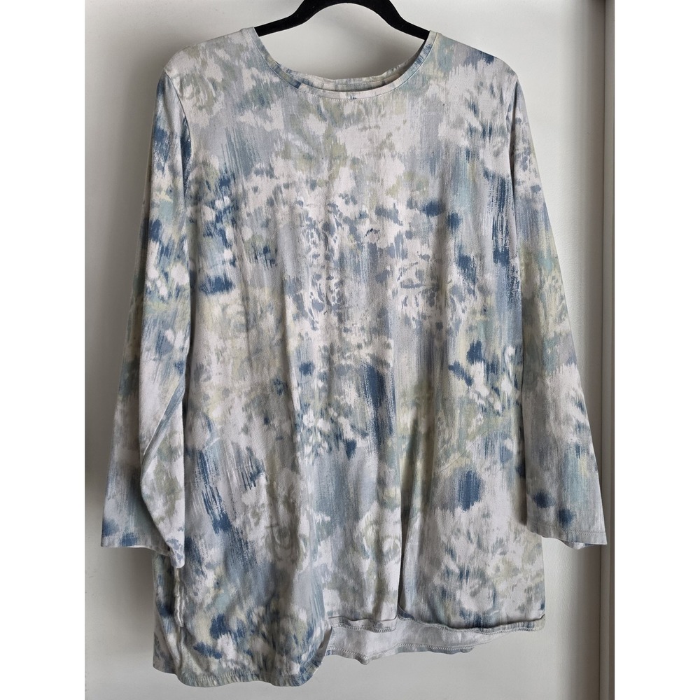 PureJill Women XL Long Sleeve Round Neck Cotton Top Blue Green White Abstract